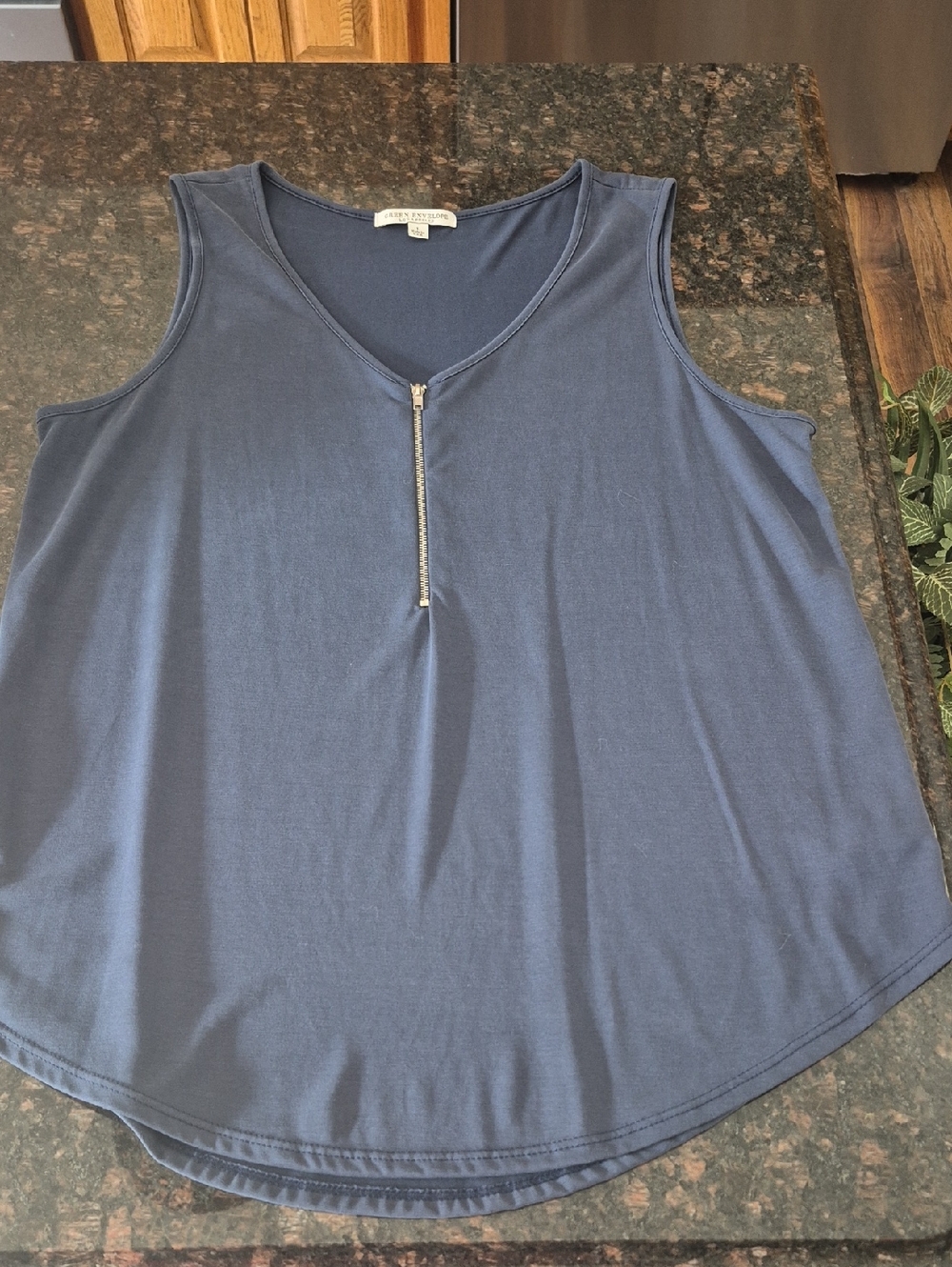Green Envelope Navy Blue Sleeveless Zip-Front Tank